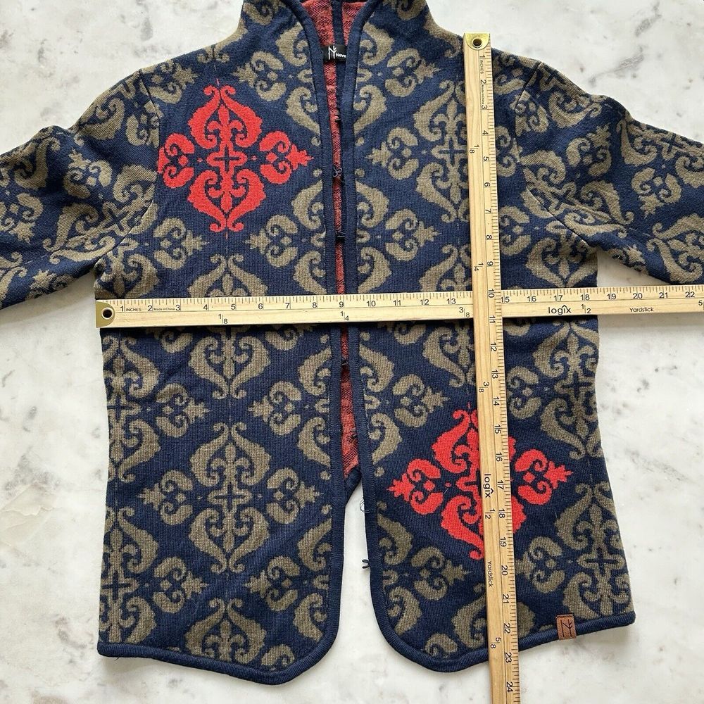 NEVE 100% Wool Floral Cardigan Sweater Women's M Fleur de Lis Navy Red Green - Picture 6 of 10